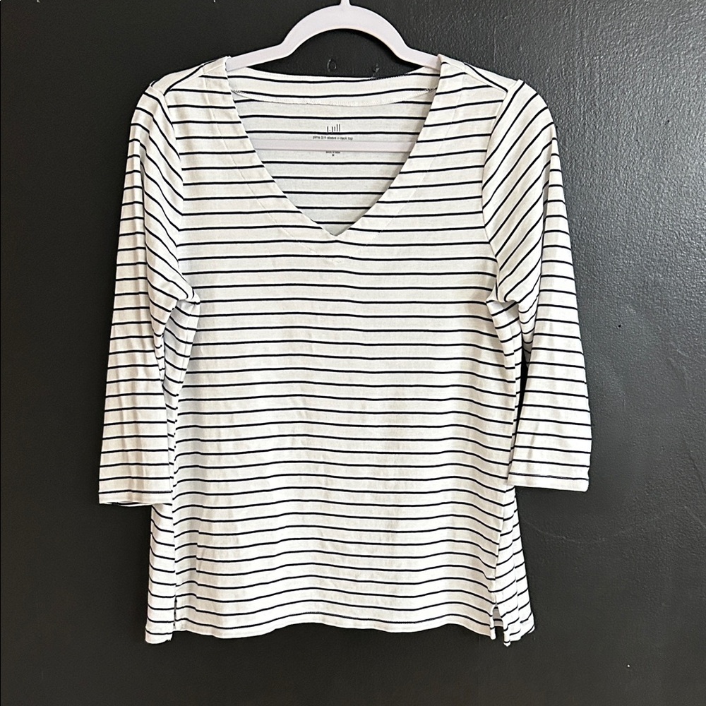 J. Jill White and Black Striped 3/4 Sleeve Tee Size M